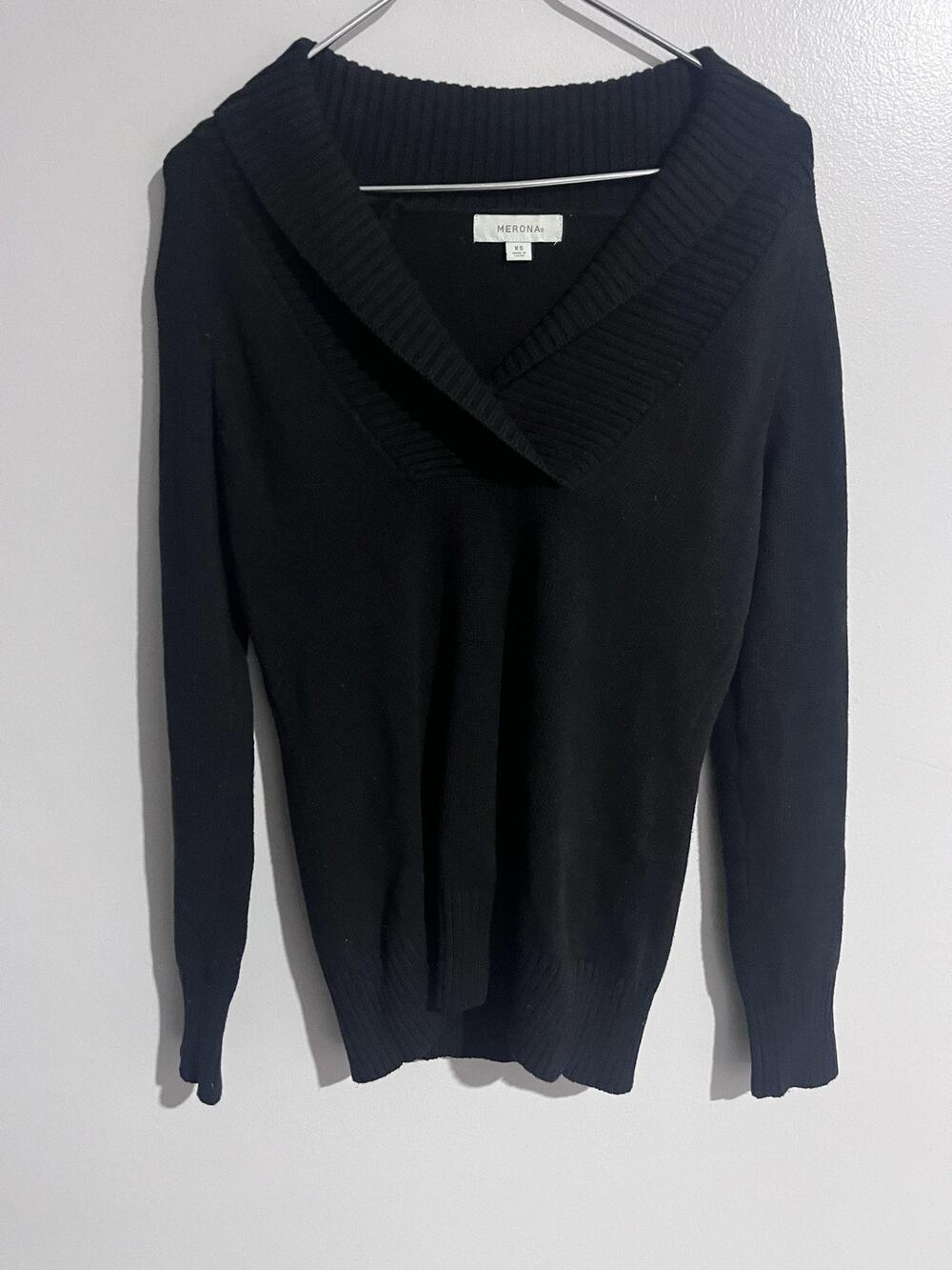 Merona Sweater Womens XS Black V-Neck Shawl Collar Pullover Tight-Knit